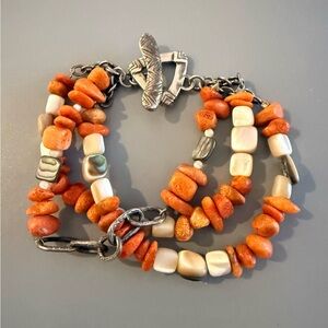 Silpada Red Coral and Abalone Multi Strand Bracelet SS Toggle Clasp RETIRED
